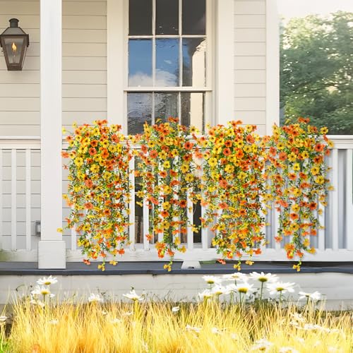 ZFProcess Artificial Hanging Flowers Plants for Outdoor Spring Summer Decoration,2PCS Faux Silk Daisy UV Resistant Look Real for Outside Home Indoor Planter Porch Garden Yard Decor(Yellow Orange) - color: Z Yellow Orange