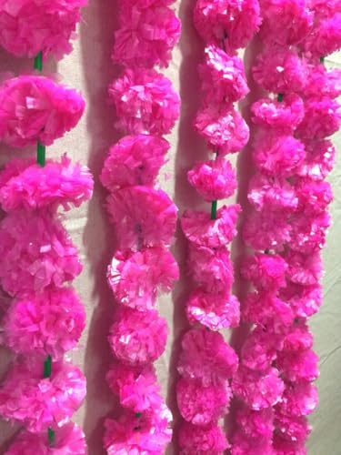 Artificial Marigold Garland for Decoration 5 Pcs of 5 feet Long Strands Artificial Marigold Flowers, Indian Decor for Pooja, Wedding Christmas, Events Decorations (Pink) - color: Pink