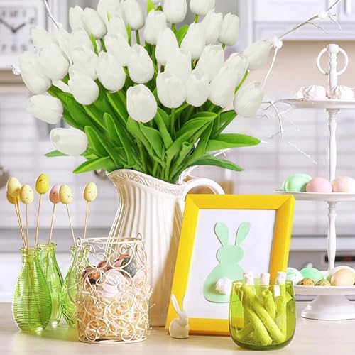 28pcs White Flowers Artificial Tulip Stems Real Feel PU Tulips for Easter Spring Wreath Wedding Bouquet Centerpiece Floral Arrangement Cemetery Table Décor 13" Tall - color: White
