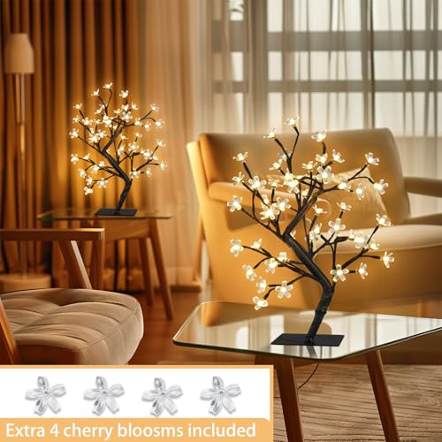 PEIDUO Set of 2 Lighted Cherry Blossom Tree, Light up Bonsai Tree for Christmas Decorations, Warm White Lights Plug in Adapter, Tabletop Night Light Artificial Tree for Indoor Bedroom Living Room - style: 2PK Cherry Blossom Tree