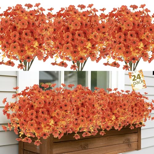 24 Bundles Artificial Fall Flowers Outdoor UV Resistant Fake Mums Bulk Outdoor Faux Mums Plants Plastic Flower Decorations for Home Garden Porch Hanging Planter Vase Autumn Decor Outside, Orange - color: Orange, size: 24PCS