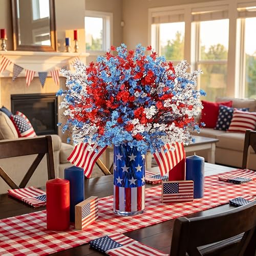 Lyrow 48 Pcs Red Blue White Patriotic Artificial Flowers 4th of July Table Centerpieces Decor Fake Babys Breath Pick Stems Floral Arrangement for 250th Anniversary Veterans Day Home Outdoor
