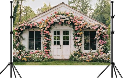 7X5ft Flower Backdrop Floral Retro House Photography Backdrops Rustic Garden Style Decoration Wedding Portrait Background Studio Photo Booth Props - color: Multi2, size: 7X5ft