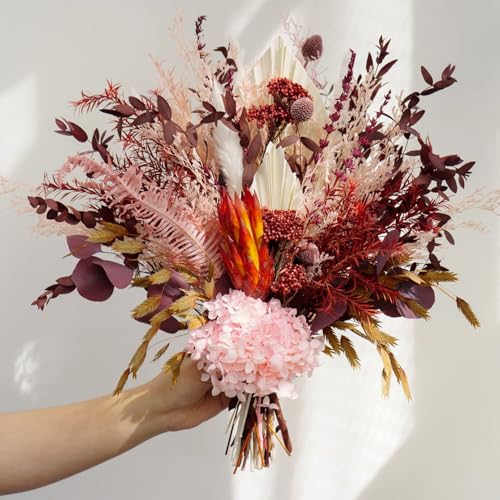 Dried Flower Bouquet, Blush Pink & Burgundy Boho Arrangement, Preserved Hydrangea Eucalyptus Florals for Wedding Bridal Bouquet, Farmhouse Romantic Home Decor Vase Filler - color: Blush Pink & Burgundy Dried Flower Bouquet
