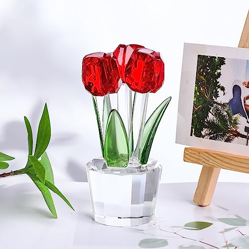 Qianwei Crystal Tulips Flowers Figurine Red with Vase - Glass Flower Bouquet Collectible Figurines Crystal Office Home Decor Paperweight - Tulip Gifts for Women Mom Bestfriend Wedding Anniversary - color: Red Tulip