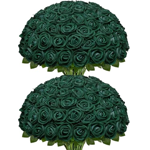 Waipfaru 100 Pcs Green Roses, Fake Roses Artificial Velet Flowers for Valentines Mothers Day Wedding Centerpieces Decor (Emerald Green) - color: Emerald Green, size: 100 Pcs