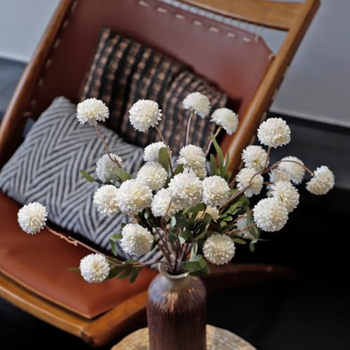 6 Pcs Faux Silk Pompon Mum Artificial Flowers, Silk Small Mini Chrysanthemum Ball with Long Stems, for Wedding Champagne Arrangements Bouquets Centerpieces Home DIY Decorations, No Vase, White - color: White