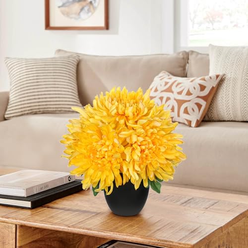 Briful Fake Mums Flower in Black Pot Realistic Silk Chrysanthemums Artificial Flowers Fall Mums for Home Decor Indoor Wedding Farmhouse Centerpiece Table, Yellow - color: Yellow