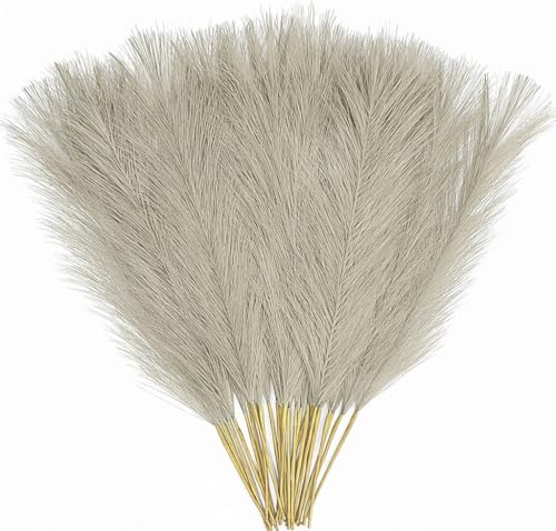 Fake Pampas Grass Plants Artificial Reeds Decoration Set of 28 Stems 18” Faux Florals Bulrush Fluffy Beige Branches for Boho Home Wedding Party Vase Fillers Christmas DIY Feathers Décor - Brown 28 Pcs - color: Pampas Grass Stems / Brown 28 Pcs