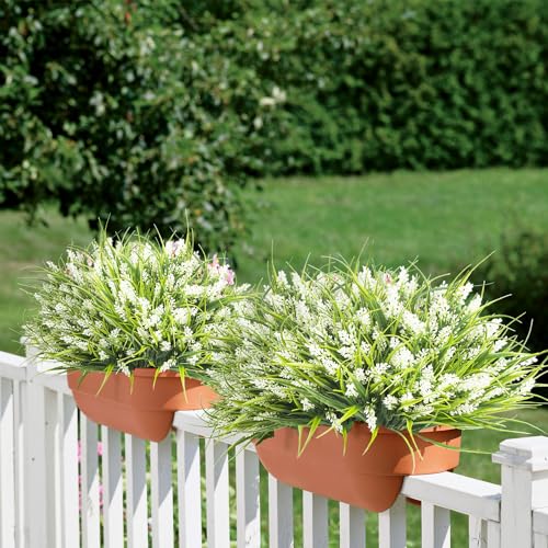 Grunyia 20 Bundles Artificial Plants Outdoor Fake Monkey Grass with Flowers (White) - color: White