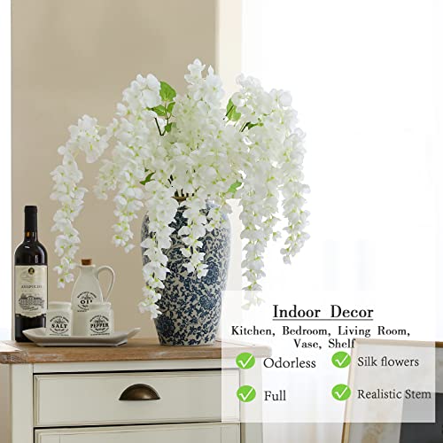 Dailisen 3 Strands 40'' Silk White Wisteria Artificial Flowers, Fake Wisteria Floral Hanging Plant Garland, for Home Decor, Party, Floor Vase, Balcony, Wedding Arrangement Decoration (White) - color: White