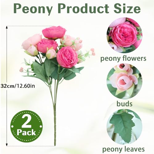 2 Pack Pink Artificial Peony Bouquet |Silk Peonies with Buds & Foliage, Realistic Faux Flower Available for Wedding Bridal, Party Backdrop Decor, Wreath DIY, Home Table Centerpiece,Door Garland - color: Pink