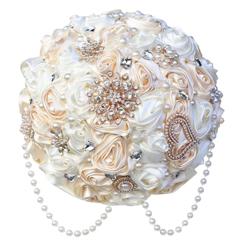 Ivory and Champagne Bridal Wedding Bouquet with Rhinestone Brooch Pearl String Cascade Bouquet for Bride Bridesmaid Quinceanera Satin Rose Flower Bouquet Wedding Champagne and Ivory 8.7in - color: Champagne & Ivory, size: Large (DIA. 8.7"/22cm)