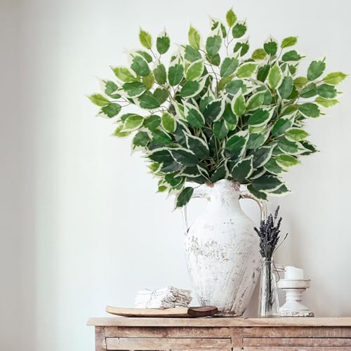 12PCS Ficus Leaves Artificial Branches 24" Faux Ficus Greenery Tree Branches Fake Ficus Leaves Sprays for Tree DIY Arch Wedding Wall Decor - Green & White - color: 24inch-12pcs/Green & White