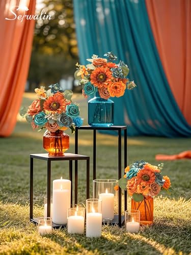 Serwalin Artificial Burnt Orange & Teal Flowers, Orange Silk Fake Flowers, Autumn Faux Sunflowers for Wedding Bouquet, Table Centerpieces, Home Decor - color: A Burnt Sunflower Orange & Teal, size: Square