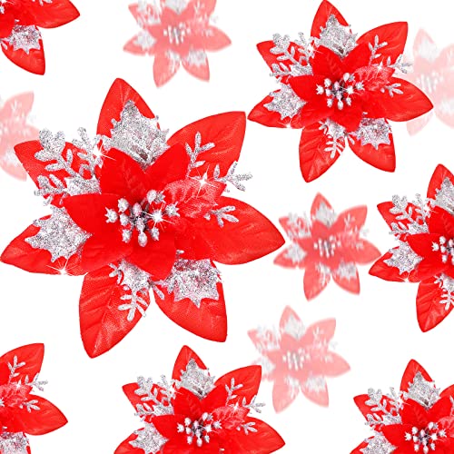 36 Pcs Christmas Glitter Artificial Poinsettia Flowers Xmas Poinsettia Artificial Wedding Flowers Decorations Xmas Tree Ornaments with Clips for Party, 6 Inch, 4 Inch, 3 Inch(Red and Silver) - color: Red and Silver
