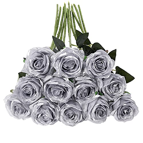 Tifuly Silver Roses Artificial Flowers -12Pcs Realistic Single Long Stem Fake Silk Roses Bouquet for Party Home Wedding Centerpiece Hotel Office Decor - color: Silver