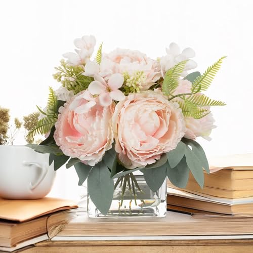 ENOVA FLORAL Artificial Flower Arrangement with Vase,Mixed Artificial Silk Peony Flower in Vase for Decoration Home Office, Wedding Centerpiece (Pink) - color: Pink
