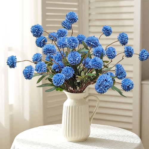 Kinisty 8 Pcs Artificial Flowers Blue Faux Silk Pompon Mums, 20" Long Stem Fake Chrysanthemum Bouquet for Vase Farmhouse Home Decor, Wedding Centerpiece - color: Blue