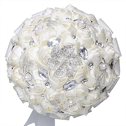 Sharebeauty 7.1 Inch Handmade Satin Rose Bridal Bouquet Toss Round Wedding Bouquet Throw Toss Artificial Flower Bunch Ivory - color: W288j Ivory, size: 7.1"/18cm