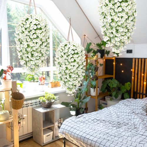 TOCHGREEN Artificial Fake Hanging Flowers Plants for Outdoor Decoration 2PCS Faux Silk Morning Glory Flowers UV Resistant Hanging Plants for Home Porch Patio Garden Decor (4PCS, White) - color: White, size: 4PCS