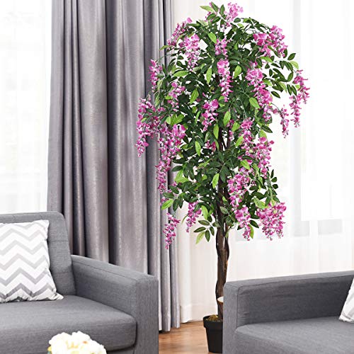 Goplus 6FT Ficus Artificial Tree, Fake Wisteria Tree in Nursery Pot, Greenery Faux Floor Plant, Tall Artificial Plants for Indoor Outdoor Bedroom Living Room Decor - color: Rosy, size: 6ft