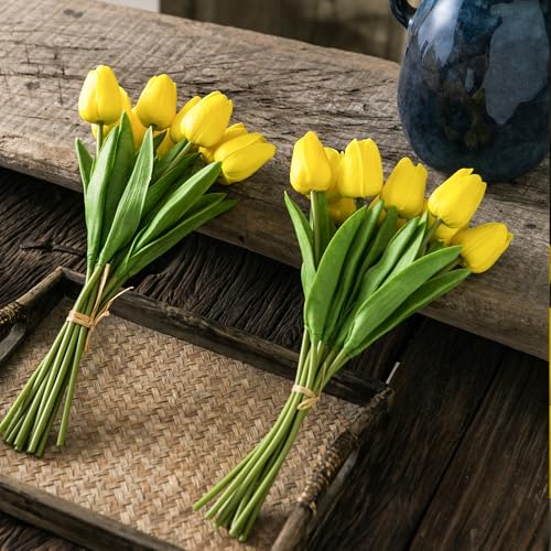 Tanvecle 20pcs Yellow Artificial Tulip Flowers, Silk Fake Flowers 13" for Mother's Day, Easter, Valentine’s Day Gifts in Bulk, Home, Kitchen, Wedding Decorations - color: Yellow