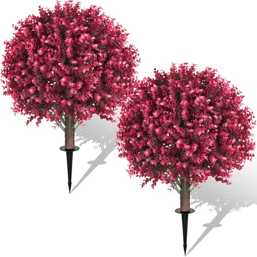 AOKIIE 24" Artificial Boxwood Topiary Bushes UV Resistant for Outdoor 2PCS | Artificial Shrubs with Ground Spike, Rose Faux Outdoor Plants for Indoor & Outdoor Garden, Yard, Porch, Patio - color: Rose