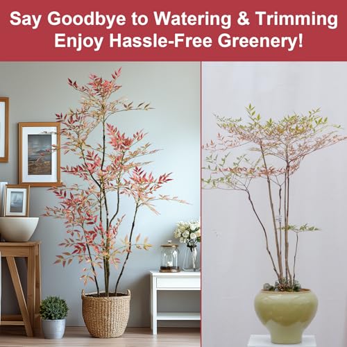 6ft Faux Bamboo Tree Artificial Nandina Tree Artificial Indoor Plants Realistic Fake Potted Tree with 800+ Leaves, Cement Planter - Home Office Decor Perfect for Housewarming Gift Non-Toxic - color: Red, size: 6ft