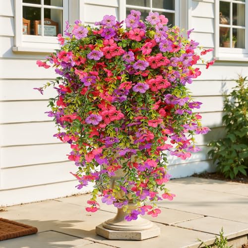 Artificial Hanging Flowers for Outdoor Decor, 6 Bundles UV Resistant Faux Silk Flowers, Fake Hanging Plants for Porch Patio Yard Planter Indoor Home Decoration(Purple, Fuchsia) - color: Purple&fuchsia