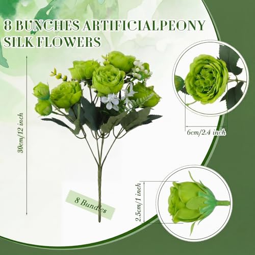 Geosar 8 Bundles Artificial Peonies Flowers Fake Silk Peony Bouquet Faux Peonies Flowers Bulk for Decoration Vase Floral Arrangements Wedding Party Table (Olive Green) - color: Olive Green