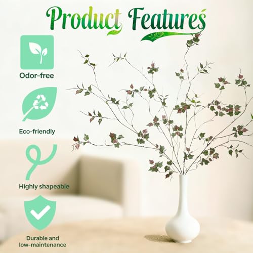 4 Pcs 38.5" Tall All-Green Artificial Branches with Leaves, Realistic Faux Ficus Greenery Stems, Bendable Fake Plant Twigs for Tall Floor Vases, Home Centerpiece, Office & Spring Decor (FS Red) - color: Fs Red