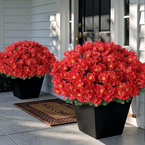 Juxdp 8 Bundles Artificial Camellia, Fake Silk Bouquet Flowers(Red) | Full＆Vibrant, Fade-resistant, UV-resistant＆Waterproof, for Front Door/Garden/Farmhouse/Outdoor/Home/Spring/Summer Decor - color: Red