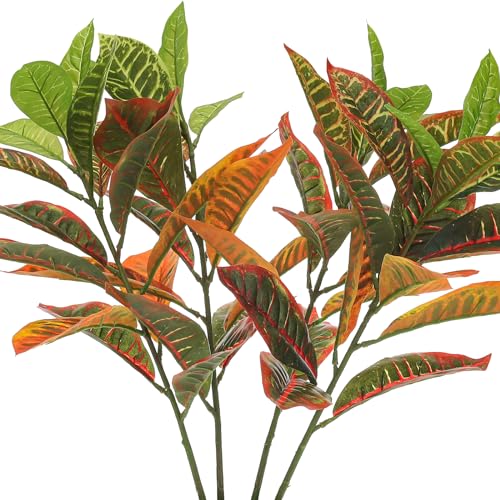 Gresorth 29" Fake Croton Decoration Lifelike Long Stem Plant Model Artificial Branch Bouquet Faux Gradual Houseplant Fireplace Centerpieces 4pcs - color: E