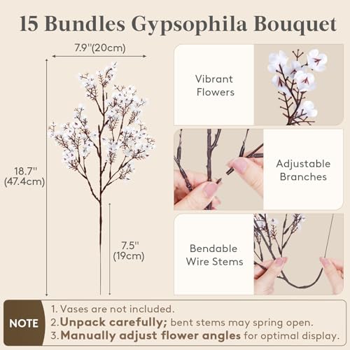 Lifewit Baby’s Breath Artificial Flowers, Silk Gypsophila Faux Floral Stems for Wedding Bouquets, Home Decor, Centerpieces, DIY Arrangements, Farmhouse & Party Decorations (White, 15 Bundles) - color: White