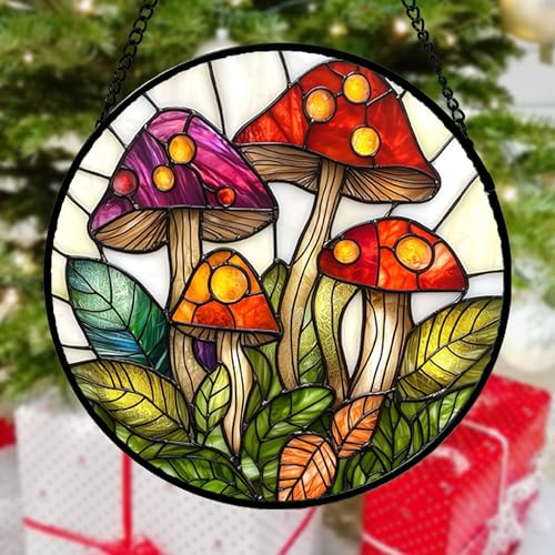 DASTOLL Stained Glass Window Hanging, Mushroom Leaves Suncatcher for Doors Home Sun Catchers Decoration and Christmas, Mother's Day Birthday Gifts for Women, Men, and Mom 14.9x14.9 in - color: Red and White, size: 14.9x14.9 IN