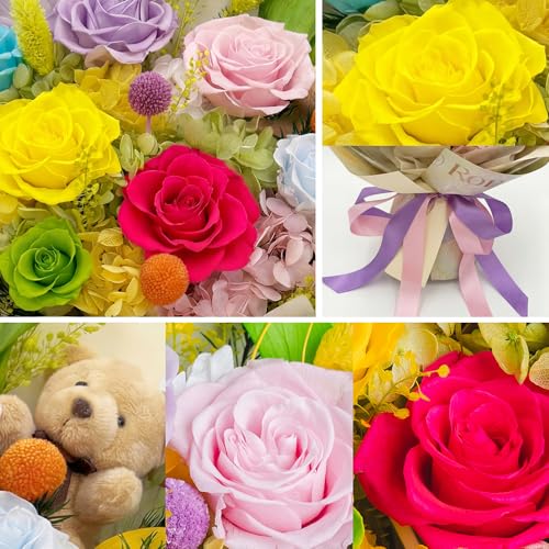 Preserved Bouquet with Bear: Big Flowers Big Love-Romantic Graduation Gifts for Her-Daughter Girlfriend Wife Mom-Flowers for Delivery Prime on Birthday Valentines Anniversary (Dopamine 1) - color: Dopamine1