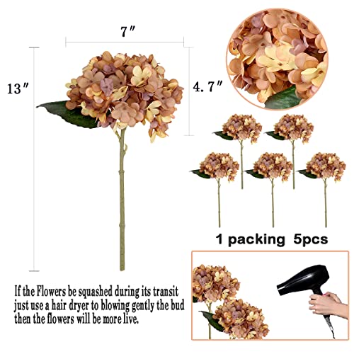 5Pcs Artificial Fake Flowers Plants Silk Hydrangea 1 Flower Head Arrangements Wedding Bouquets Decorations Plastic Floral Table Centerpieces Home Kitchen Garden (Brown Yellow) - color: Brown Yellow