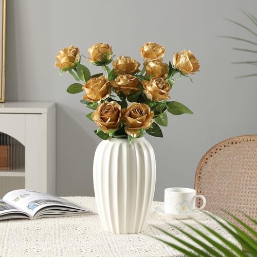 Tifuly Gold Roses Artificial Flowers -12Pcs Realistic Single Long Stem Fake Silk Roses Bouquet for Party Home Wedding Centerpiece Hotel Office Decor - color: Gold