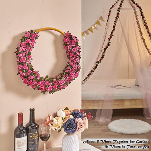 PONKING 8 Pcs x 8.2 ft Flower Garland Artificial Rose Vine Flowers with Green Leaves Hanging Fake Roses Vine for Room Party Home Wedding Birthday Christmas Wall Arch Decor, Spring Magenta Flower - color: Spring-magenta-8pcs, size: 8 Vines 66FT