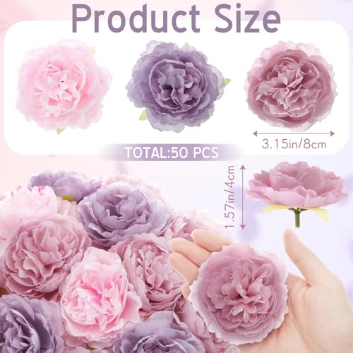 Thiccywoov 50 Pcs Artificial Flowers, 3.2 Inches Silk Rose Head Flowers Fake No Stem for Wedding Bridal Bouquet Home Floral Decor DIY Centerpieces Arrangements Party Tables Decoration(Pink Purple) - color: Pink Purple
