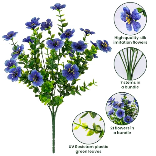 Lnoicy 20 Bundles Artificial Flowers for Outdoor Fake Plants for Spring Decoration,Faux Eucalyptus Flowers for Planter UV Resistant Lifelike for Home Porch Garden（Blue） - color: Blue