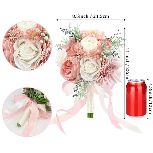 Wedding Bouquets for Bride Bridesmaid 8.5 Inch Dusty Pink Artificial Roses Flowers Bridal Bouquets for Bride Wedding Marriage Proposal Party Church Decoration - color: Pink
