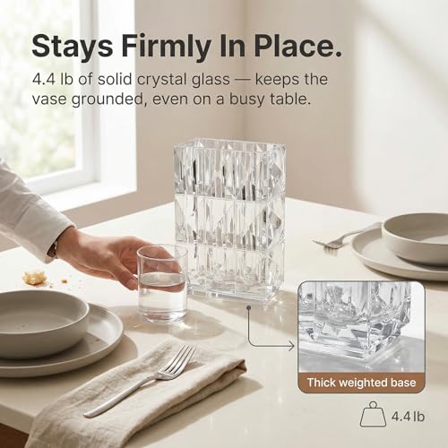 Clear Crystal Flower Vase Heavyweight Glass Centerpiece Modern Rectangular Decorative Vases for Living Room Minimalist Home Decor Securely Packaged 5.1x3.11x7.88 in 1 Pc - color: Clear