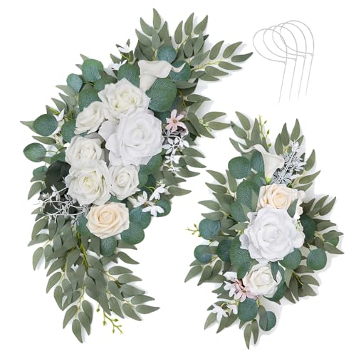 AitnWoy Artificial Wedding Arch Flowers Kit 2 PCS Dust Rose Flowers Silk Peony Floral Swag Welcome Sign for Wedding Ceremony Party Home Garland Decor - color: White, size: 28" + 11"
