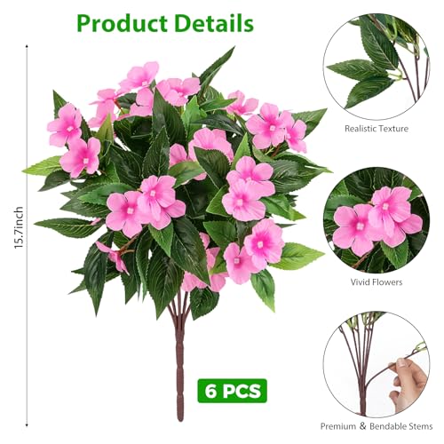Roberly 6 Bundles Artificial Flowers for Outdoors, Faux Silk Catharanthus Roseus Flowers Bouquet Fake Greenery Plant for Spring Summer Garden Patio Porch Window Box Table Home Decor, Pink - color: Pink