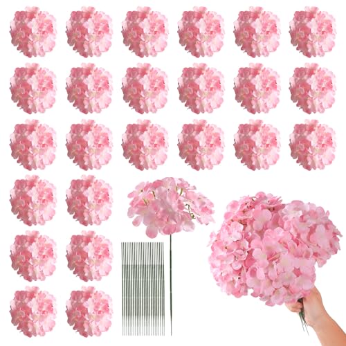 Tifuly 24 Pcs Pink Hydrangea Artificial Flowers Bulk, Faux Hydrangea Full Flowers Heads with Stems, Fake Silk Flowers for Wedding, Garden, Home, Party Decoration - color: Pink