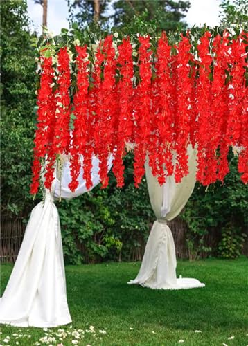 24pcs Wisteria Hanging Flowers,3.6 FT Fake Wisteria,Artificial Wisteria Hanging Flowers Wisteria Garland Arch Silk String for Wedding Garden Party Outdoor Home Wall Decoration (24pcs red)