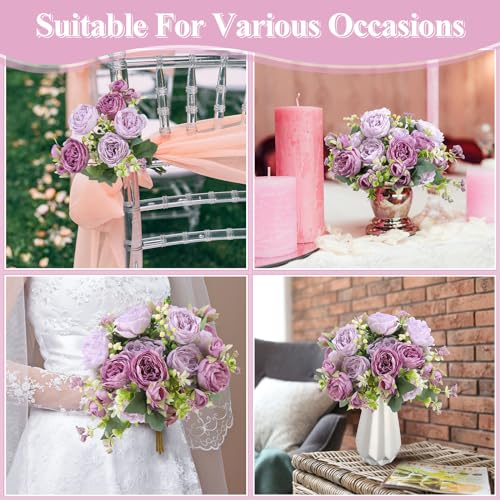 Crowye 4 Bundles Peonies Artificial Flowers Silk Faux Peonies Wedding Artificial Flower Bouquet for Table Centerpiece for Home Wedding Decor Bridal Floral Arrangement(Purple) - color: Purple