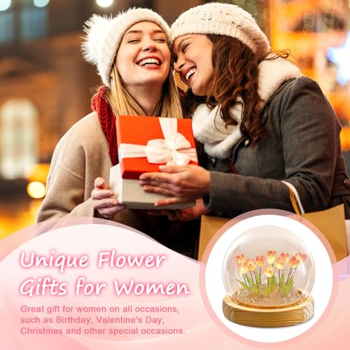 Lifnatty Tulips Lamp Gifts for Women, Tulips Artificial Flowers Night Light, Light Up Pink Tulip in Glass Dome for Bedroom, Unique Birthday Gifts for Women, Mom, Sister, Friends, Cute Home Decor